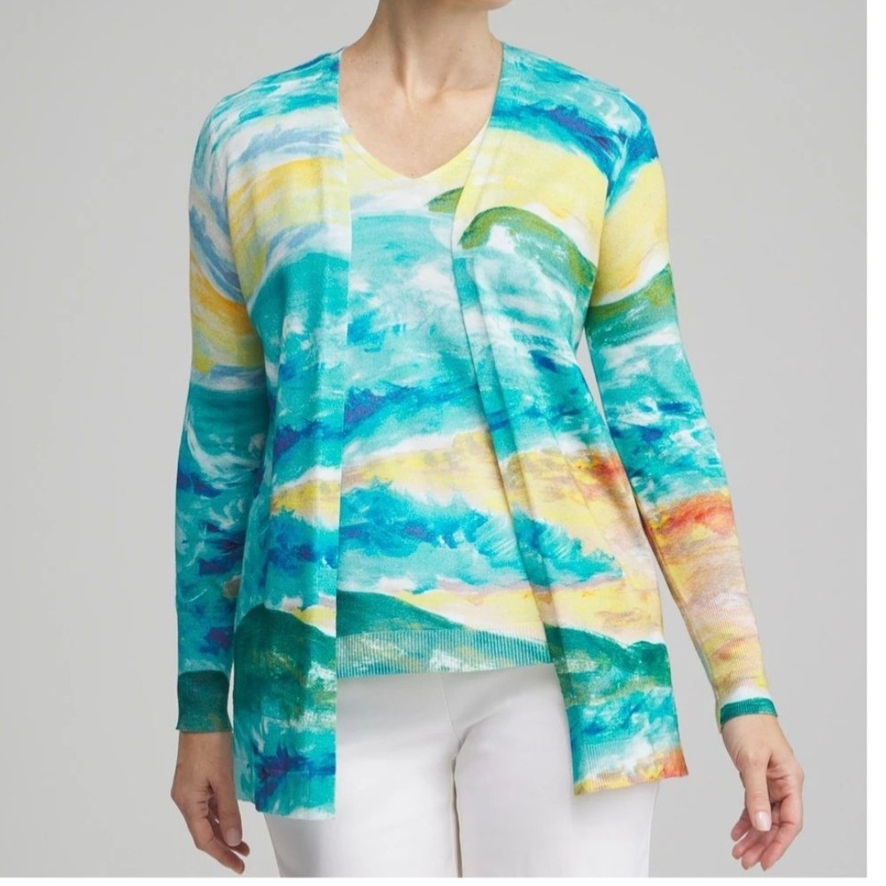 Chico's Spun Rayon Watercolor Open Front Cardigan Sz 0/S Lightweight‎ Artsy